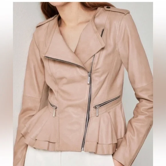 BCBG dusky pink 100% leather peplum jacket Size:Medium Professionally DryCleaned - Picture 3 of 15
